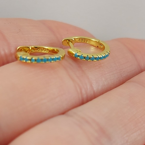14K Gold Plated Huggie Hoop Blue  Earrings - Picture 5 of 9